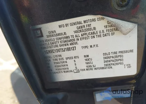 2003 Chevrolet Tahoe Ls z USA, uszkodzony, nr VIN 1GNEC13V73J188127